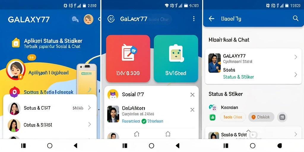 Antarmuka aplikasi GALAXY77 dengan pilihan status dan stiker menarik.